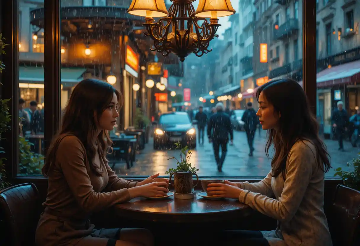 Duas mulheres encontram-se num café acolhedor enquanto a chuva desfoca a cidade