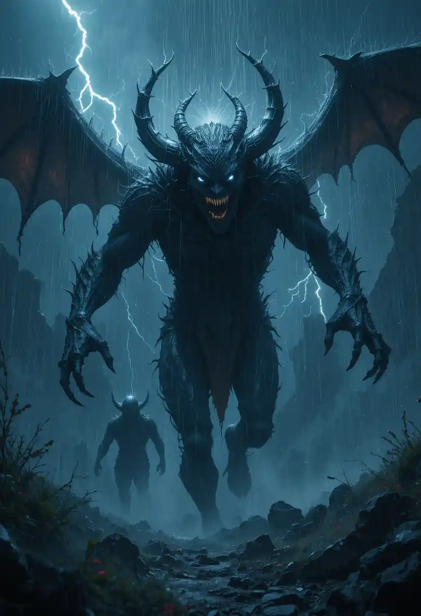 Demônios avançam sob um temporal iluminado por relâmpagos na noite de Halloween