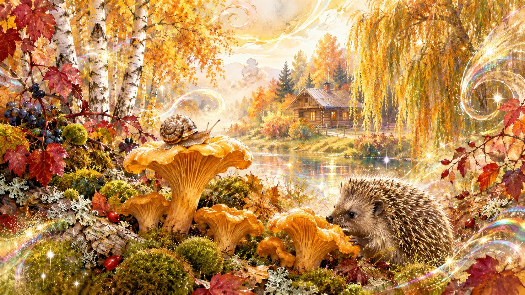 Pastel watercolor autumn scene with birches, weeping willows, and a wooden cabin