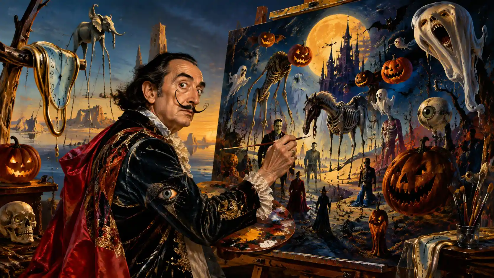 Salvador Dalí paints an imaginative Halloween scene filled with monsters