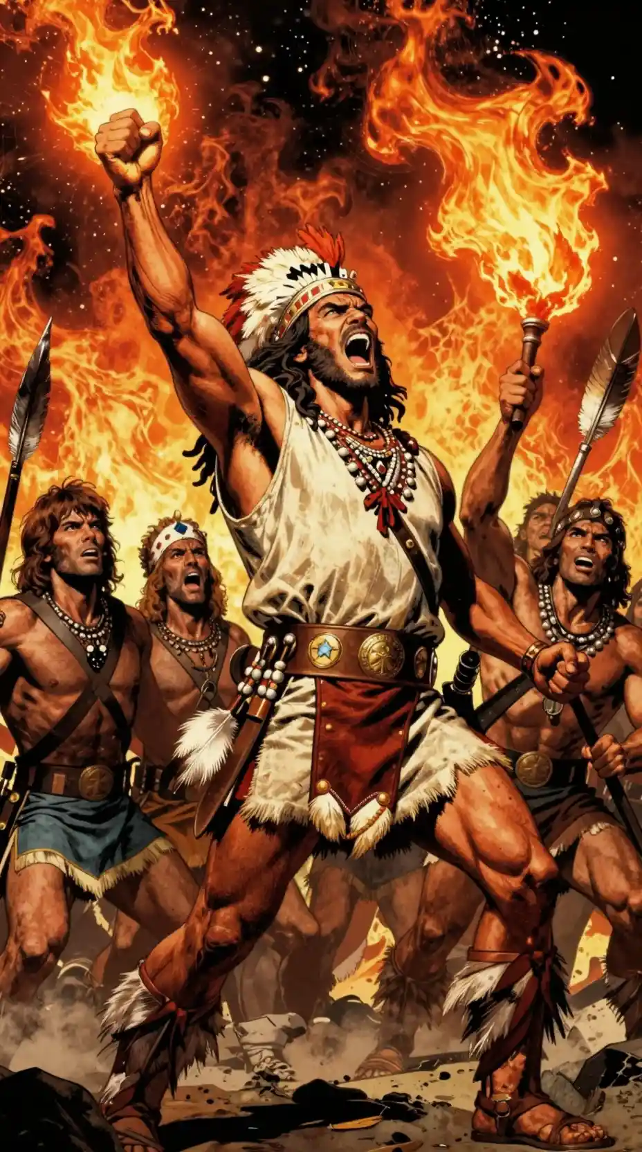 Tecumseh rises before his people with an outstretched arm