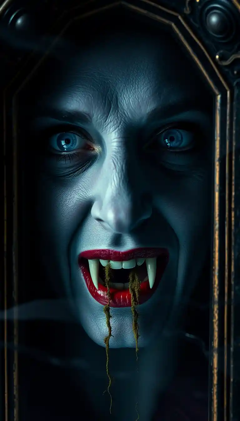 O rosto de uma vampira revela um caixão em dupla exposição