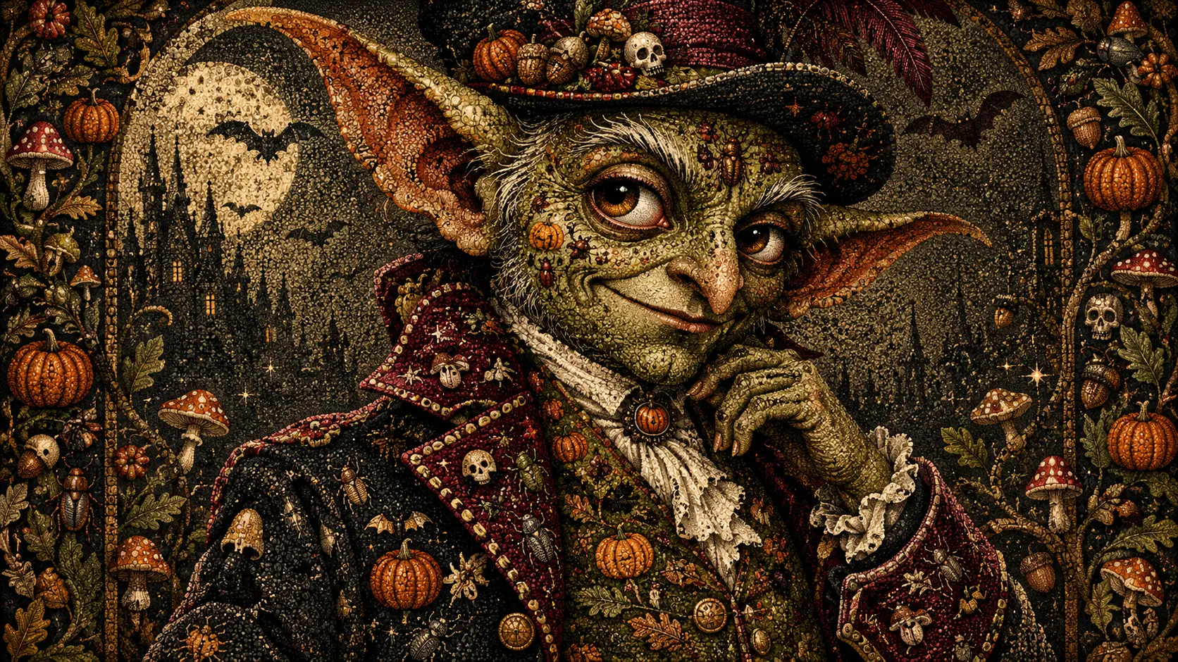 Retrato de um cavalheiro goblin emoldurado por minúsculos símbolos de Halloween