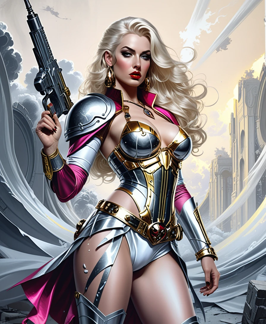 Blonde Cosplay Woman Poses in a Stylized Warhammer 40k Fantasy Portrait
