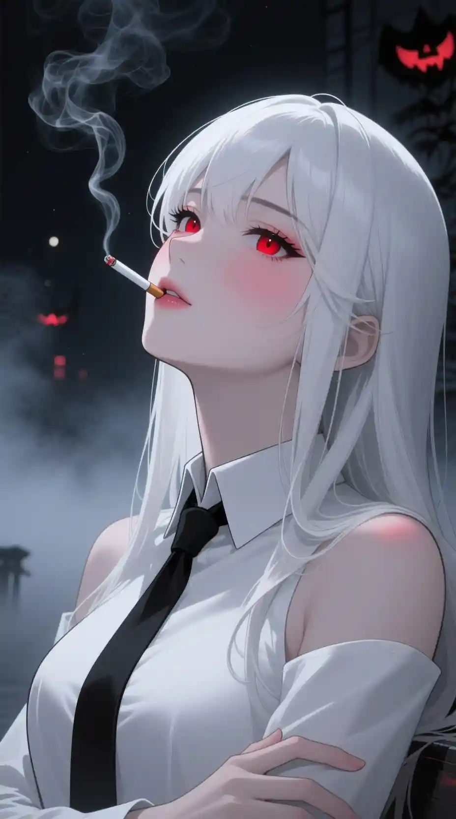 Mysterious woman with flowing white hair and a cigarette in the mist