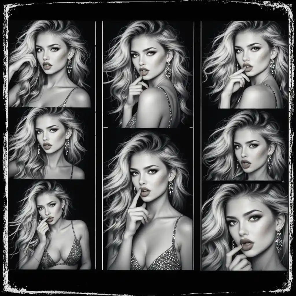 Uma loira glamorosa posa de forma descontraída em uma tira de fotos em preto e branco