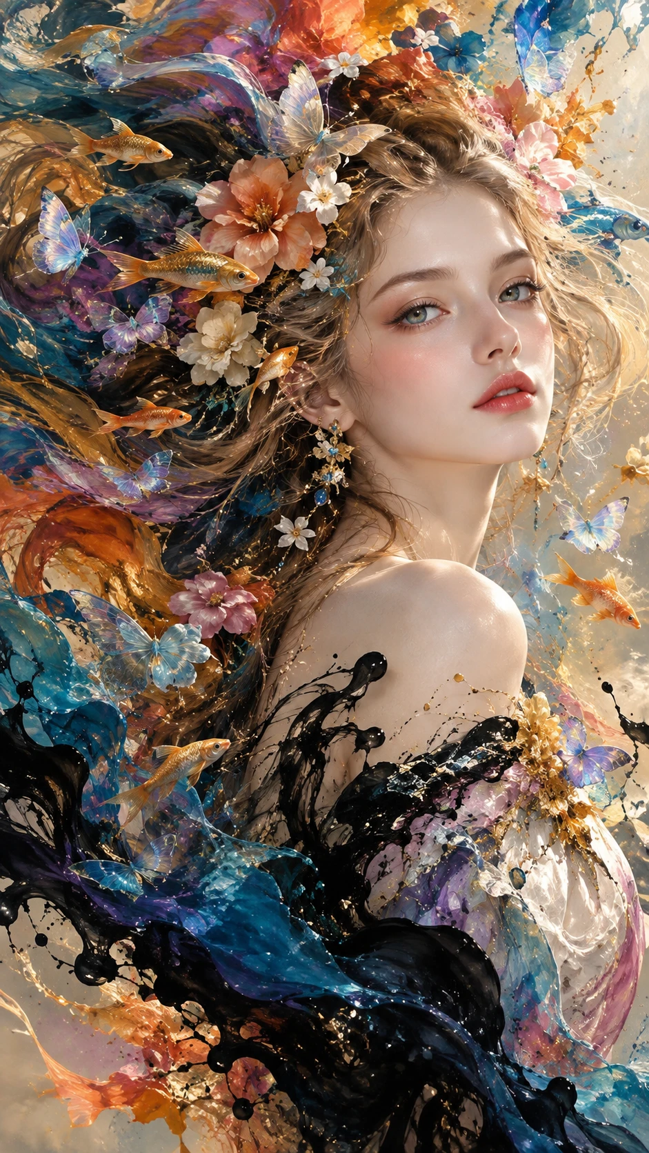 O cabelo esvoaçante de uma mulher dissolve-se em flores, peixes e borboletas