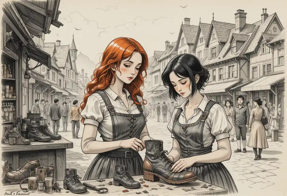 Duas jovens consertam sapatos juntas em um mercado de rua medieval