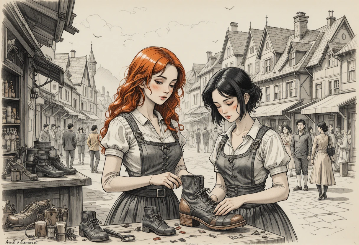 Duas jovens consertam sapatos juntas em um mercado de rua medieval