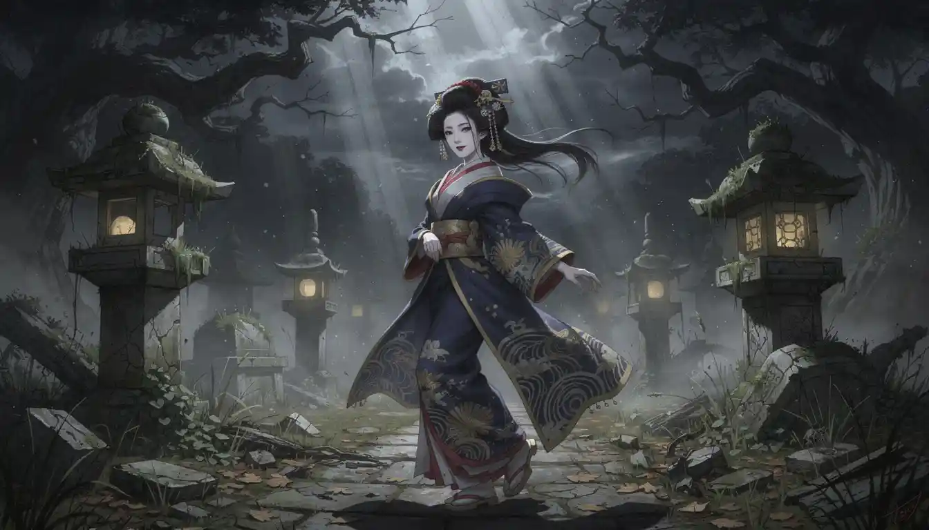 Eine Geisha steht inmitten eines verwilderten Gartens im gefilterten Mondlicht