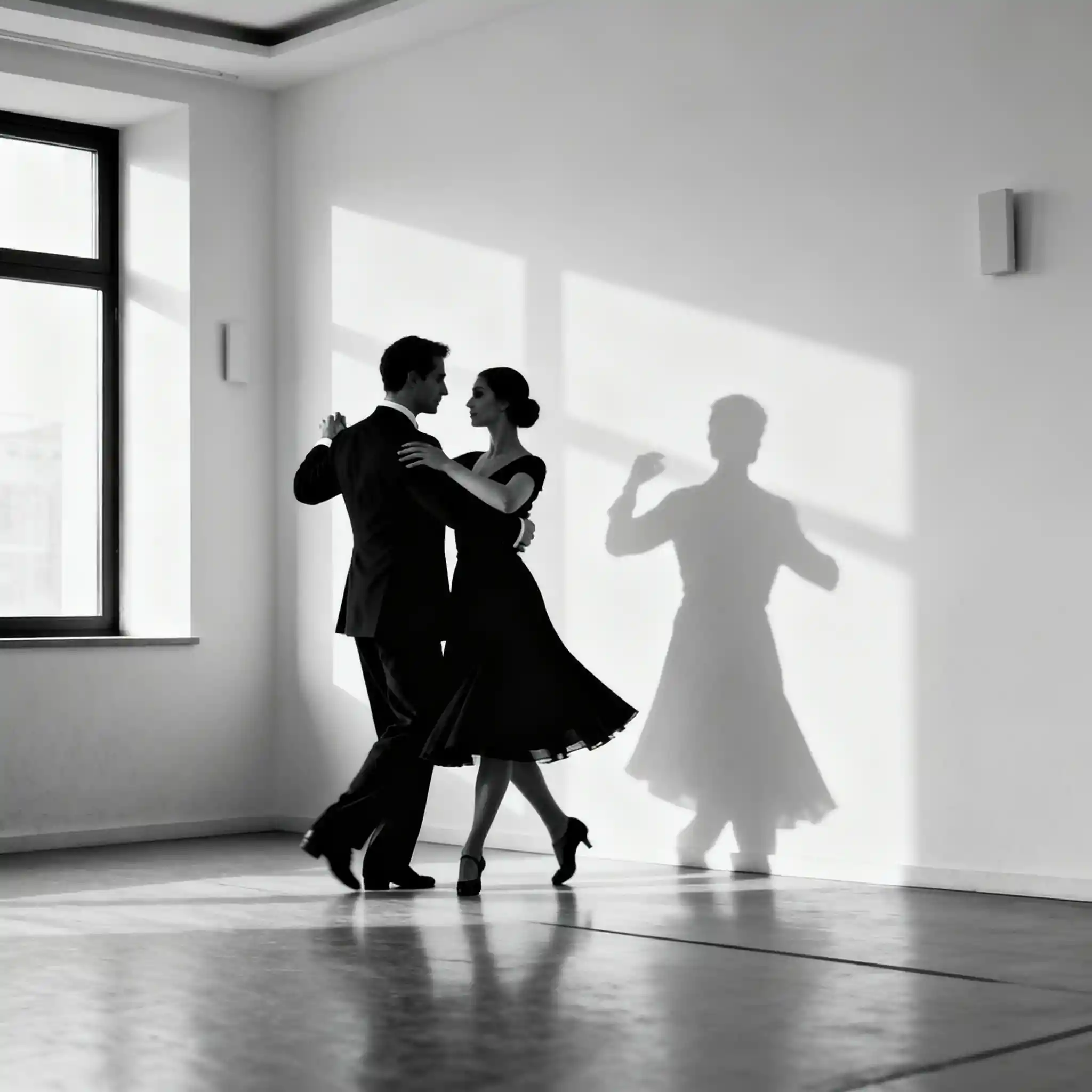 Un couple en silhouette danse dans un intérieur moderne près d’une fenêtre