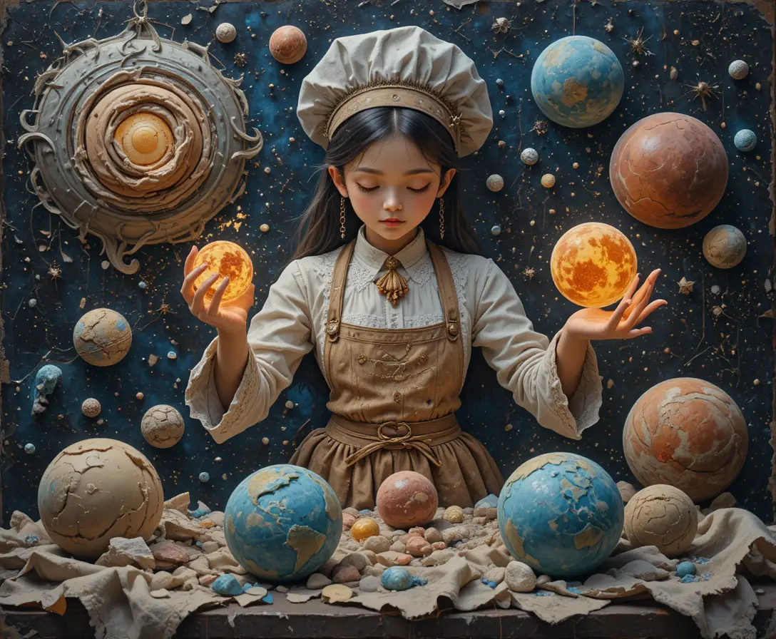 Ein himmlischer Bäcker formt Miniaturplaneten aus verzaubertem Teig