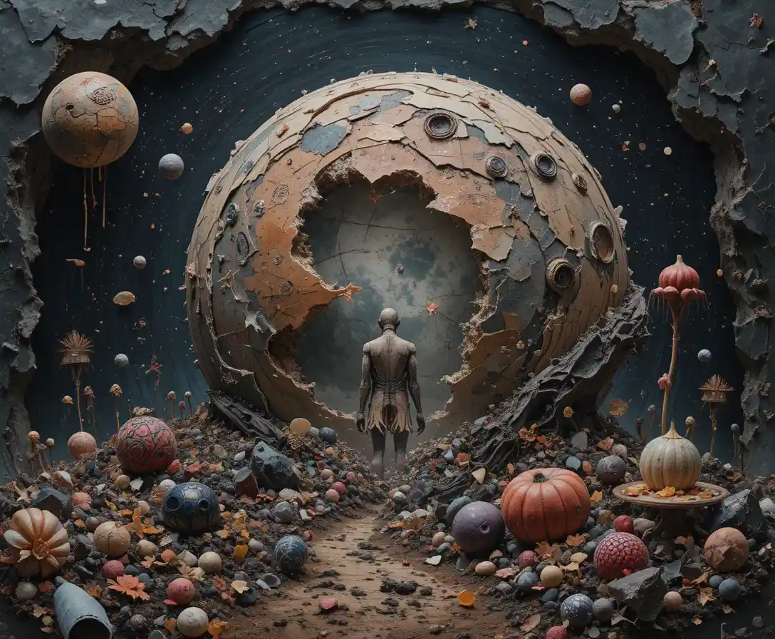 Eine unheimliche Flickfigur steht auf einem wirbelnden Süßigkeitenplaneten