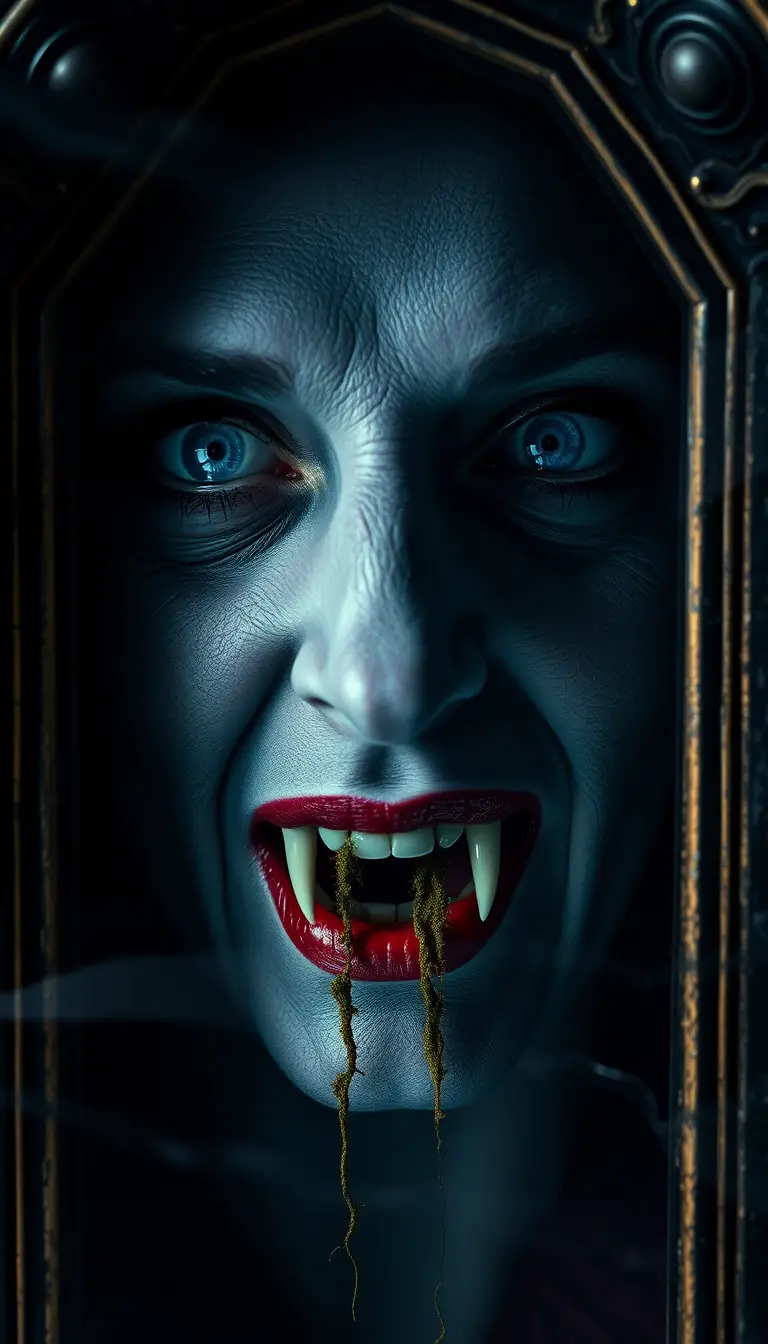 O rosto de uma vampira revela um caixão em dupla exposição