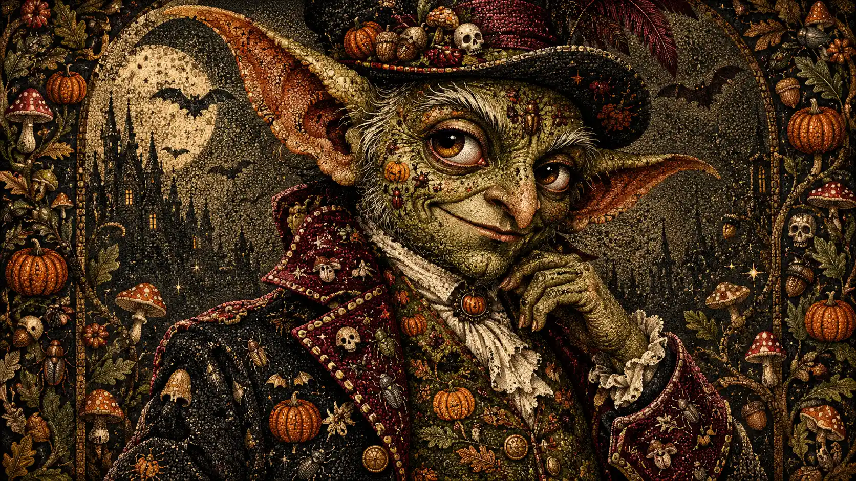 Retrato de um cavalheiro goblin emoldurado por minúsculos símbolos de Halloween