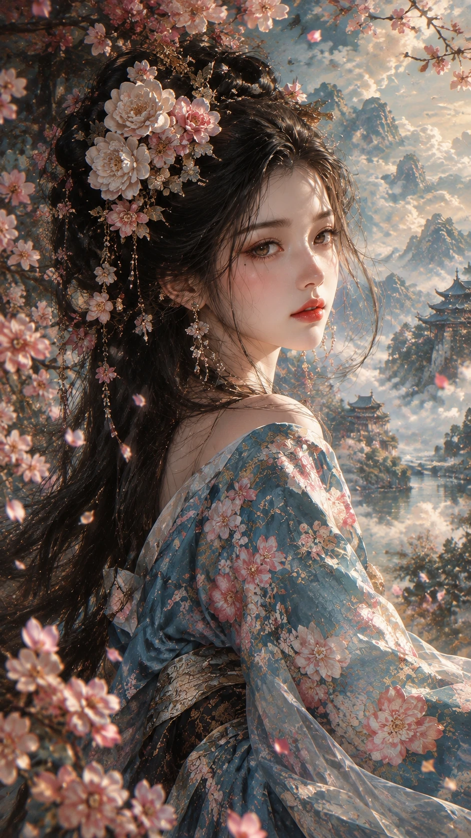 Uma mulher do leste asiático com um quimono azul bordado com flores