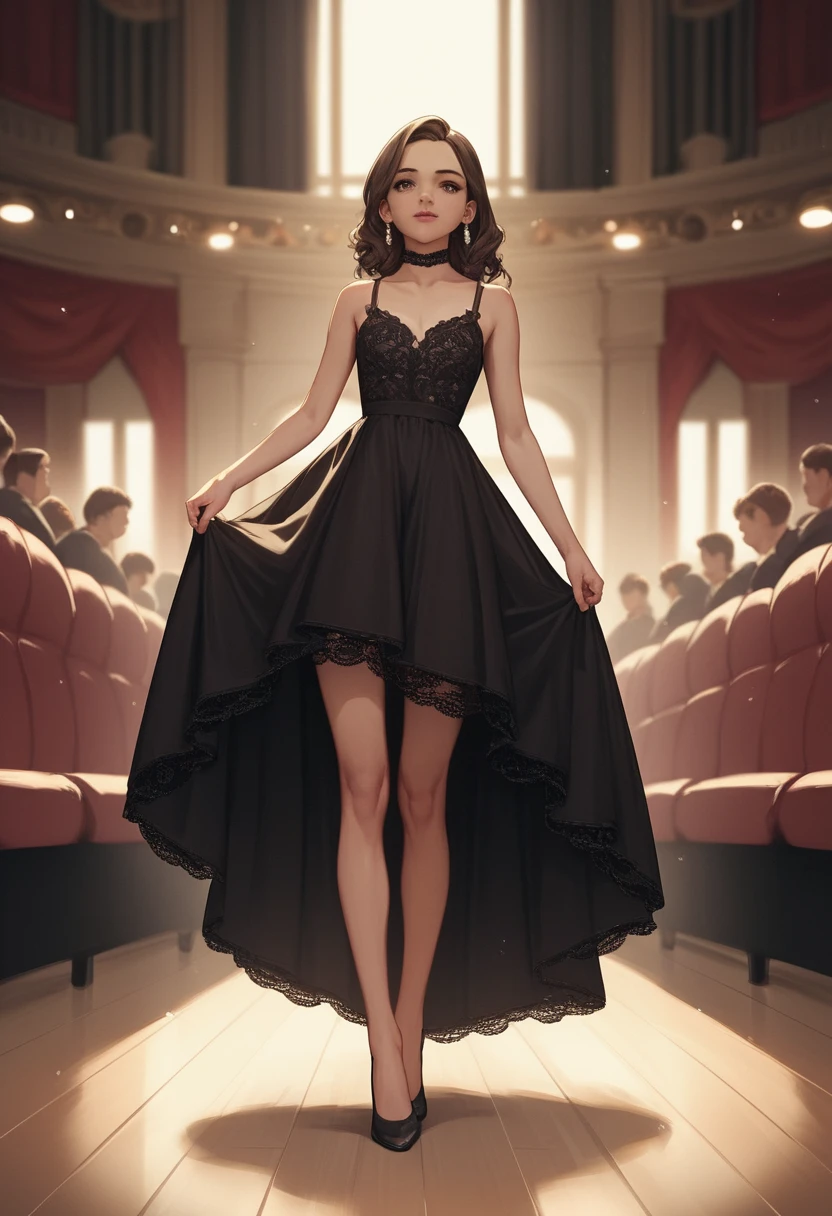 Uma jovem pianista morena com um vestido preto de renda transparente no palco de um teatro