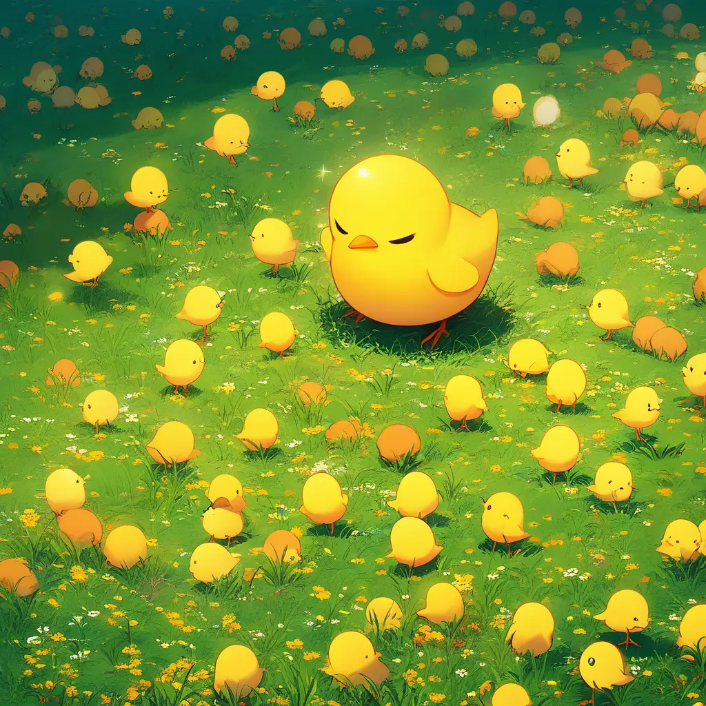 A tiny yellow chick dressed as Rambo stands on a plush lawn
