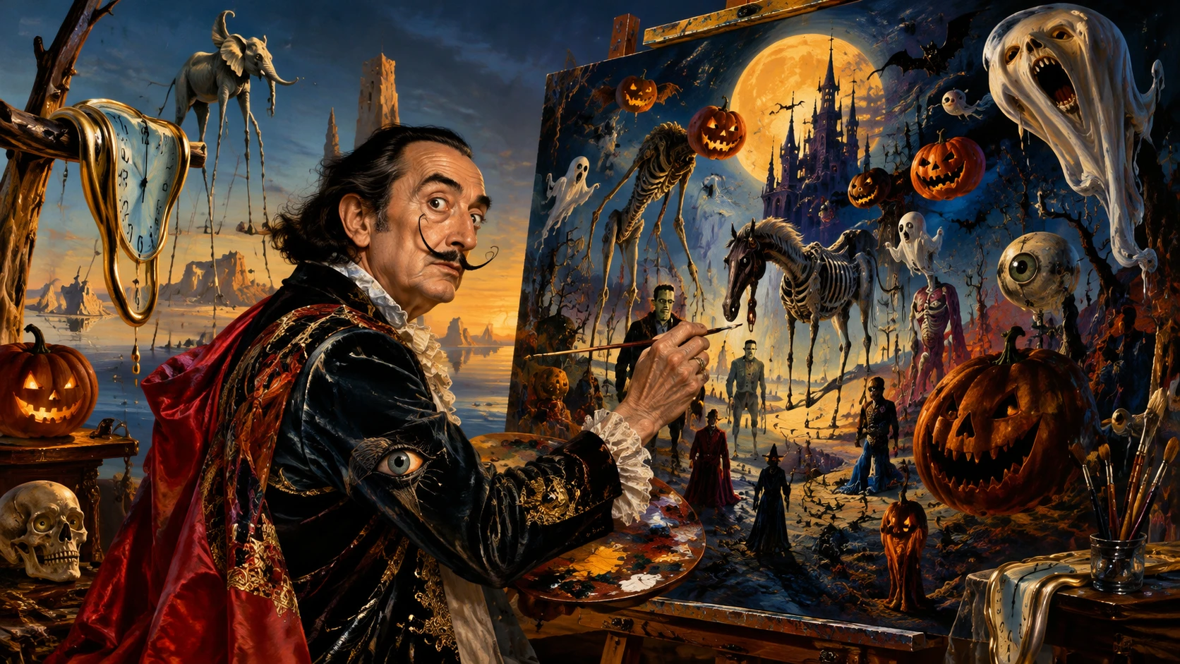 Salvador Dalí paints an imaginative Halloween scene filled with monsters
