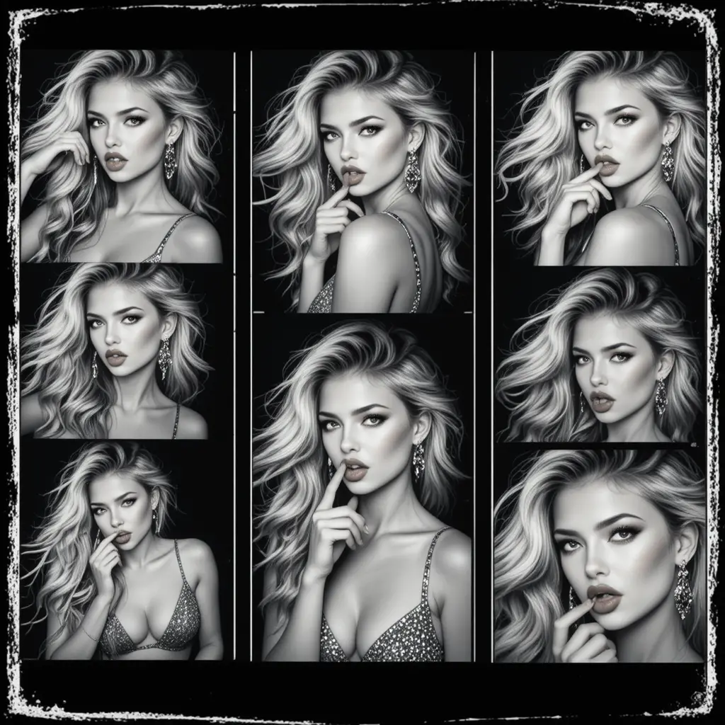 Uma loira glamorosa posa de forma descontraída em uma tira de fotos em preto e branco