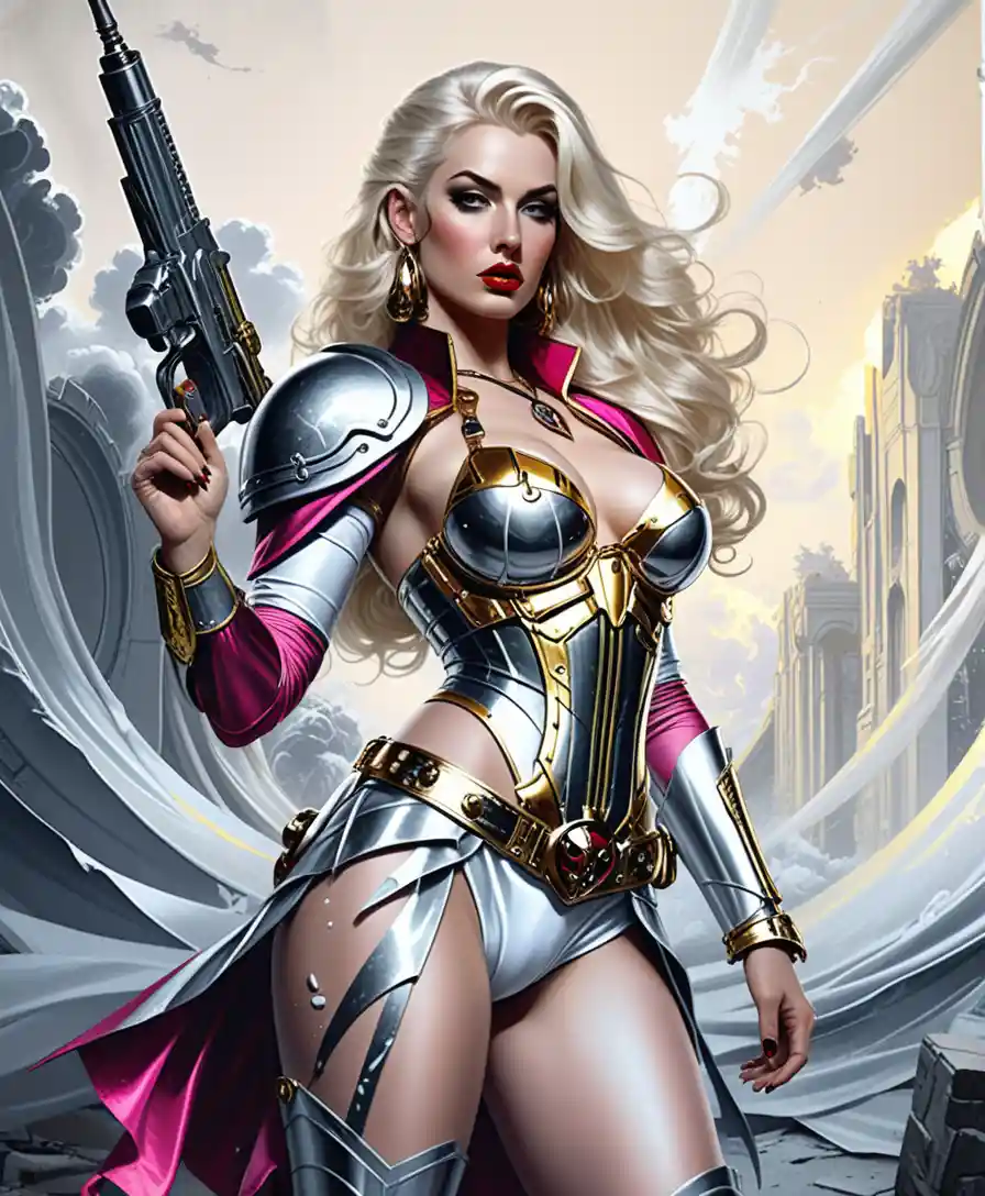 Une cosplayeuse blonde pose dans un portrait fantasy stylisé de Warhammer 40k