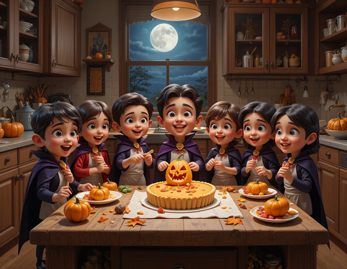 Crianças vampiras preparam doces de Halloween junto a uma bancada de cozinha acolhedora