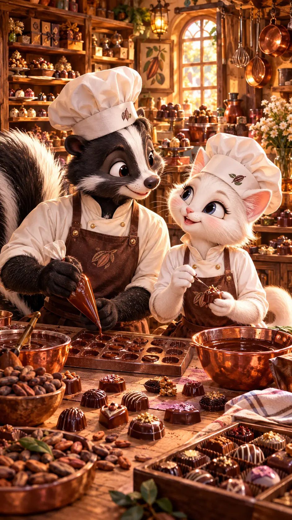 Gambá antropomórfico e gato branco fazendo bombons em uma oficina de chocolate