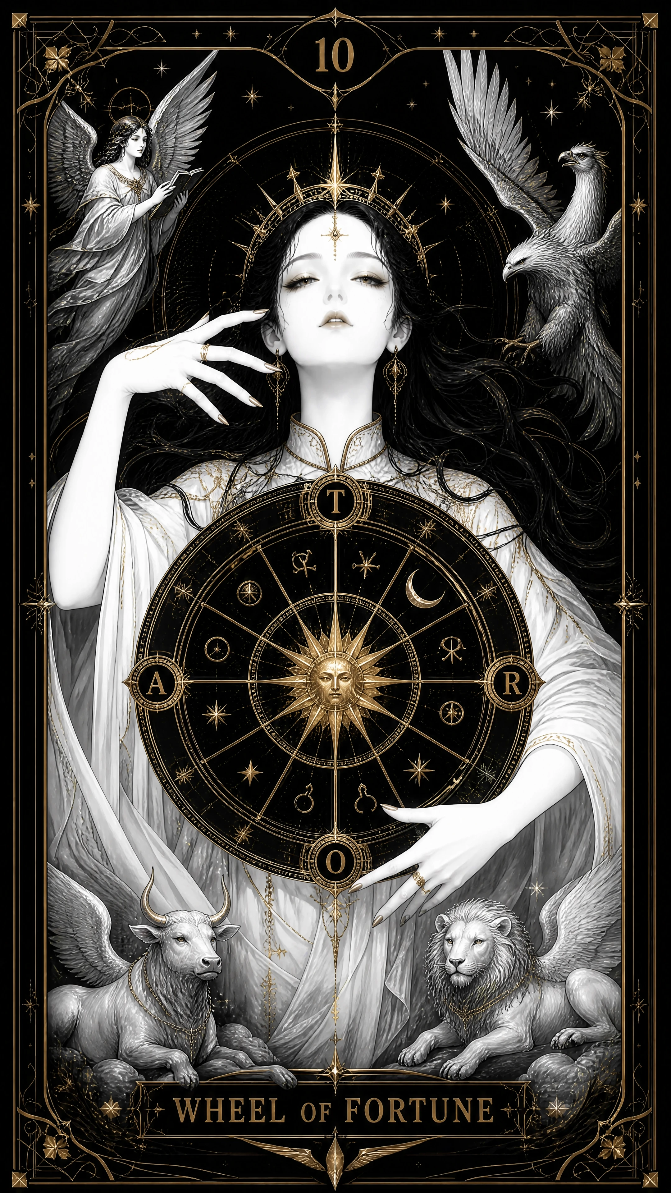 The wheel of fortune tarot card in black, white, and gold