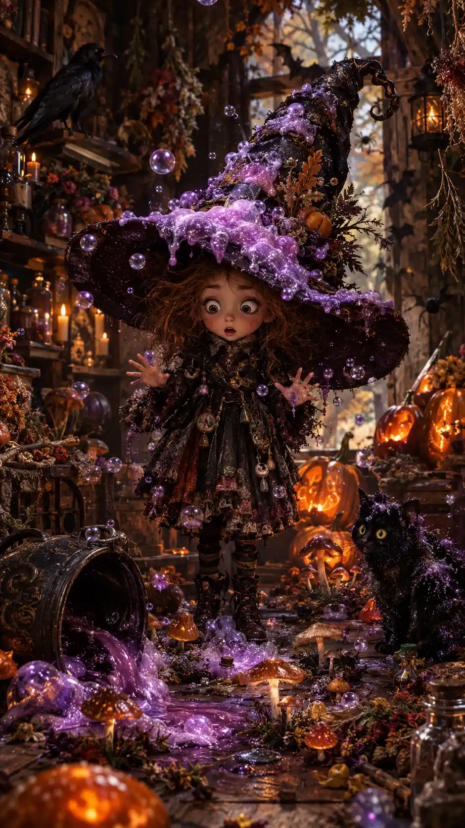 A Tiny Witch Faces Potion Mishap in Her Woodland Laboratory