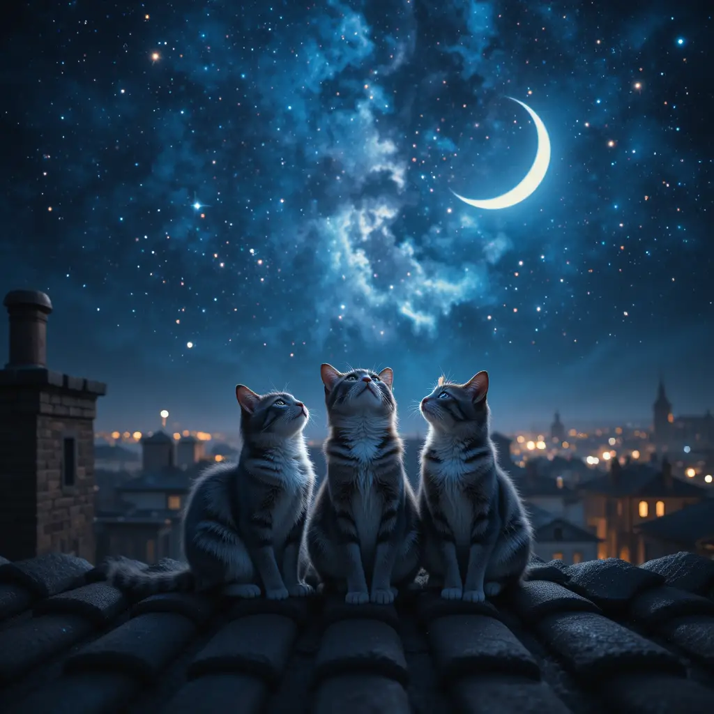 Três gatos se reúnem sob um céu estrelado no terraço de um prédio na cidade