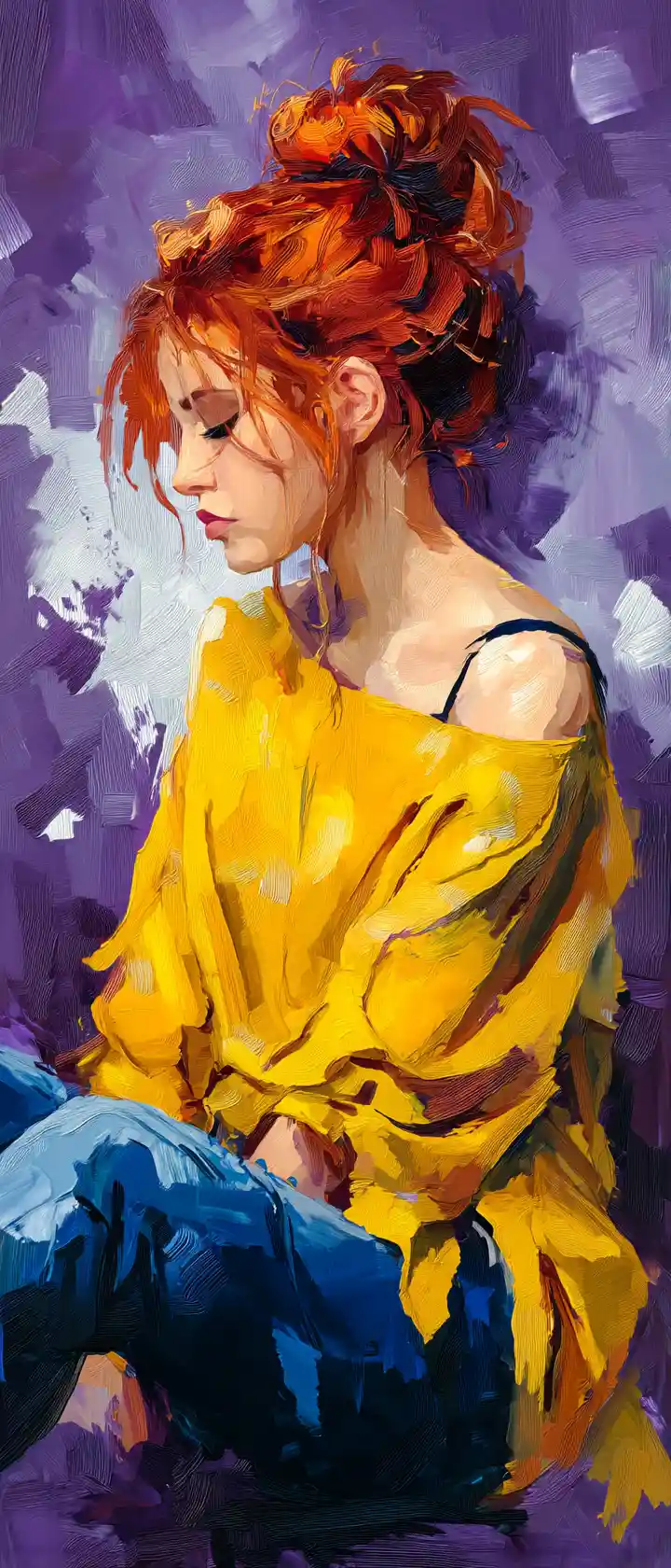 Une jeune femme rousse assise devant un fond abstrait