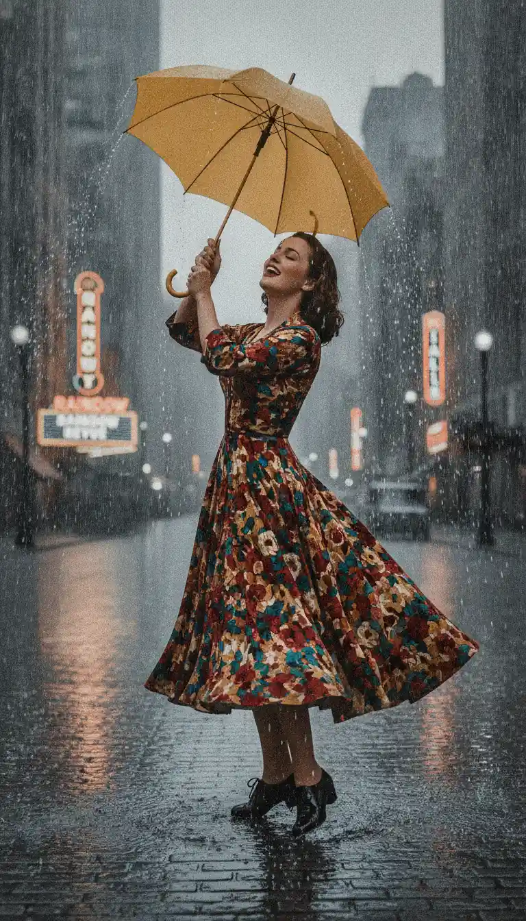 Uma mulher canta e dança na chuva sob um guarda-chuva amarelo