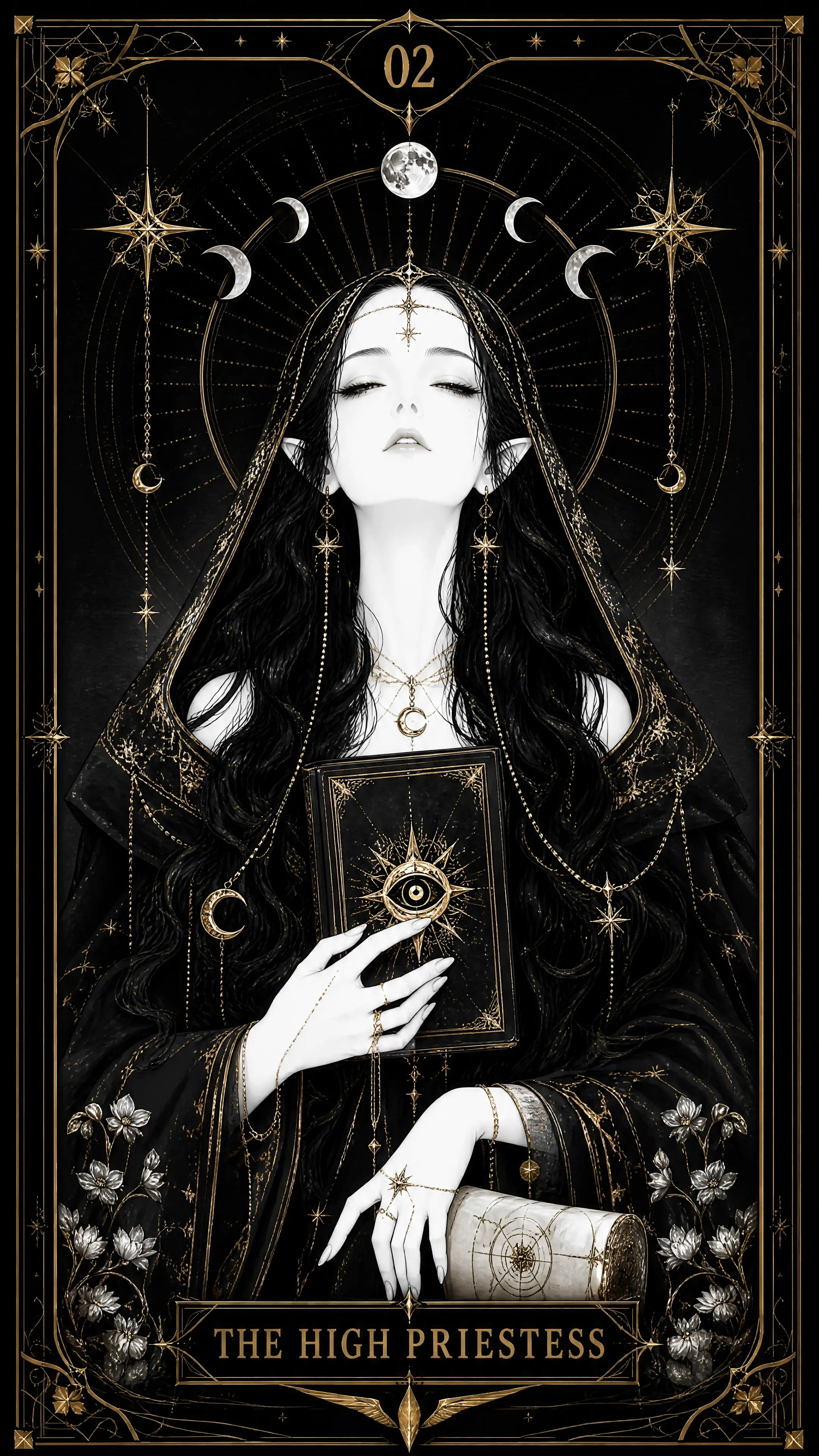 Uma carta de tarô da Sacerdotisa em preto e branco com detalhes dourados
