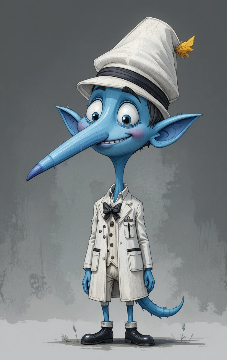 Uma criatura azul de desenho animado está de pé e sorridente num cenário cinzento neutro
