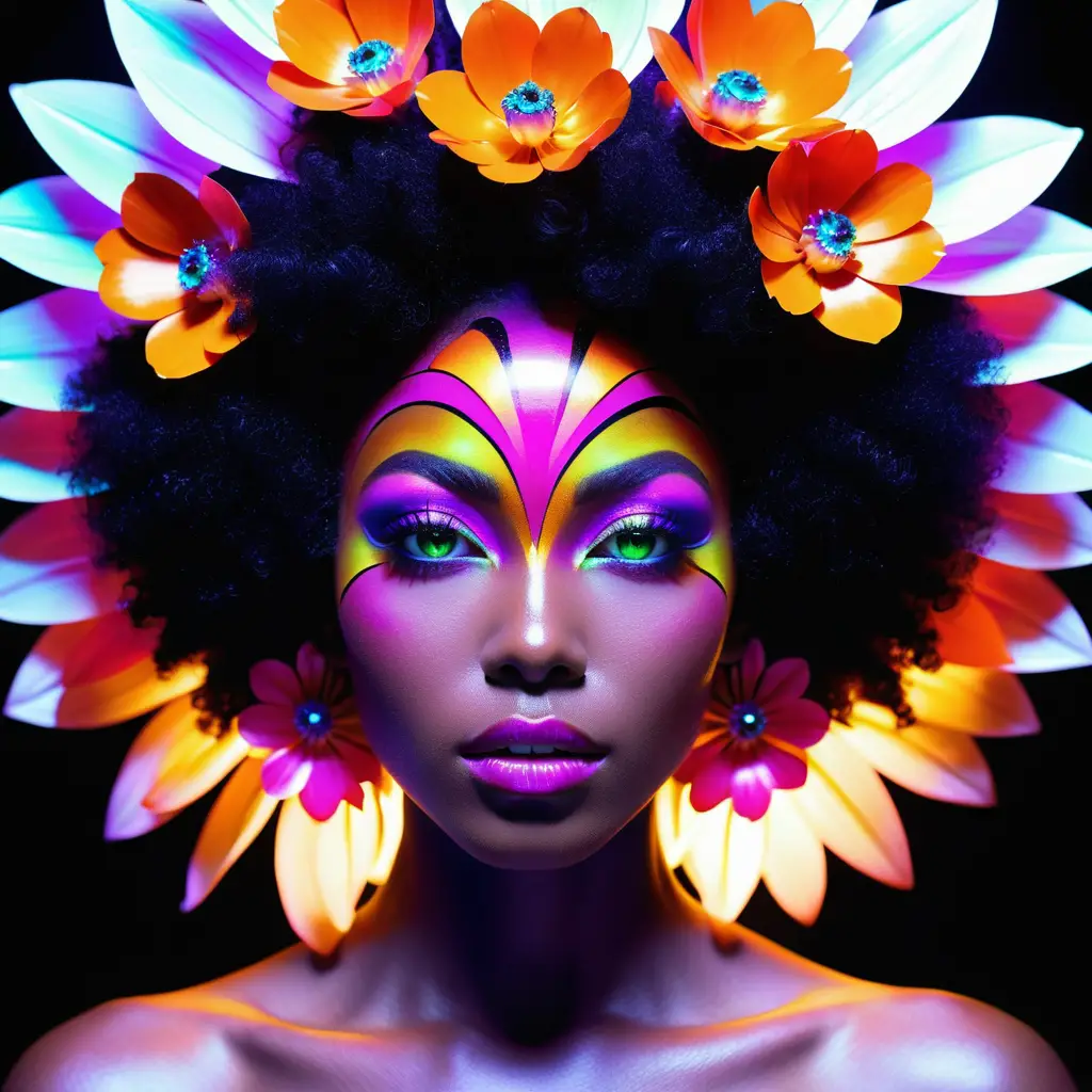 Imperatriz afrofuturista de pele escura com um black formado por flores de vidro brilhantes