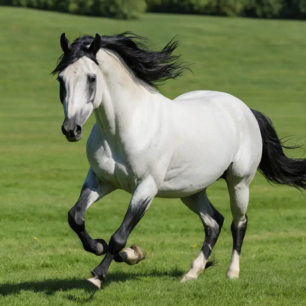 Um cavalo preto e branco trota por um campo verde em um dia ensolarado
