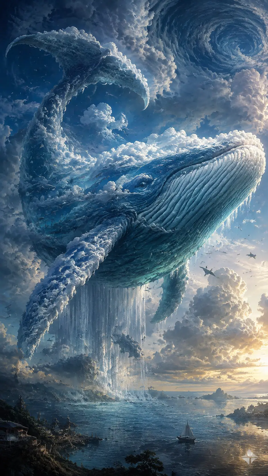 Uma baleia colossal nada pelo céu sobre um oceano formado por nuvens