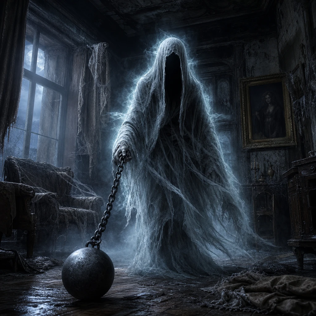 Um fantasma aterrorizante arrasta uma bola de ferro por uma mansão medieval envolta em neblina