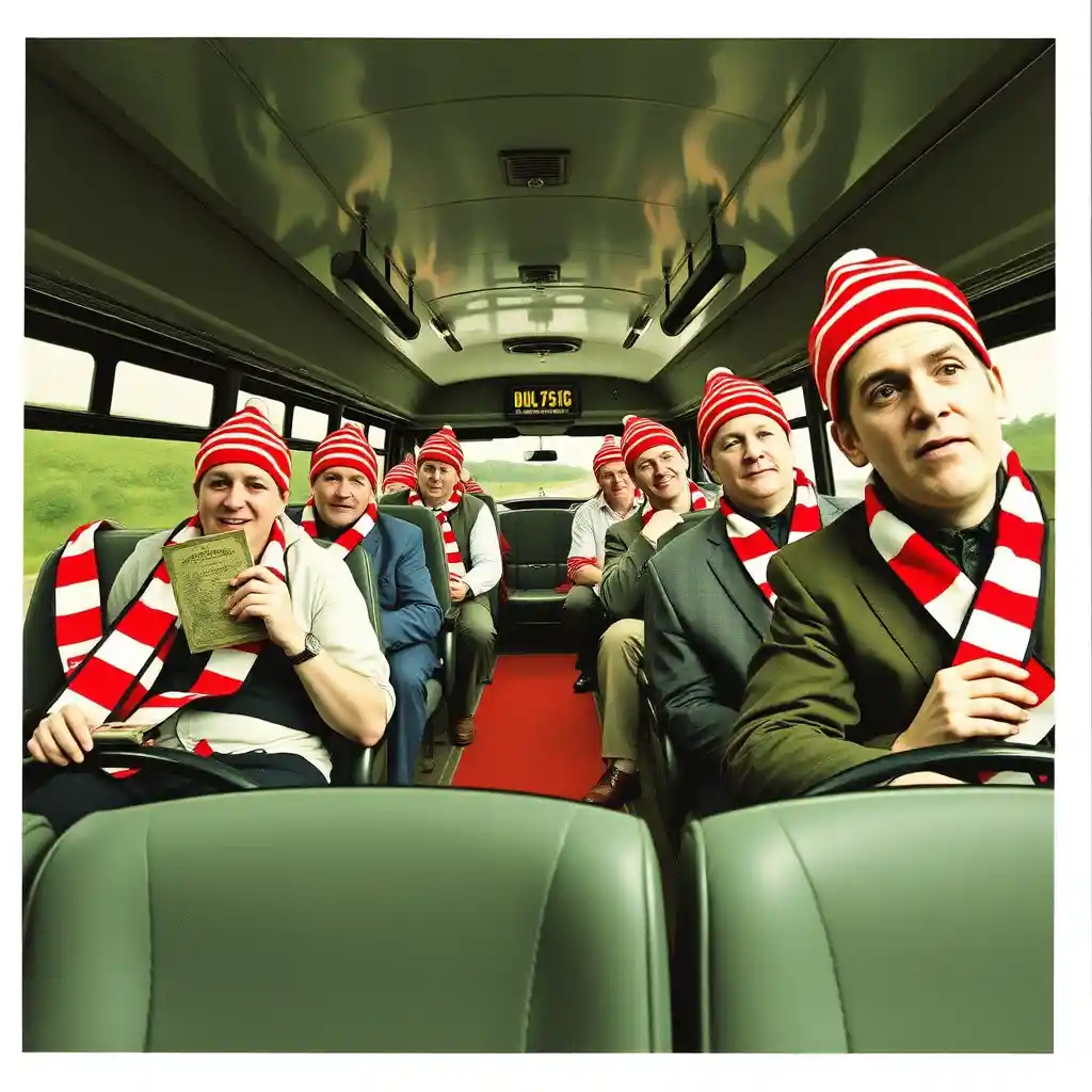 Rugby supporters ride a bus toward Wembley in striped hats and scarves