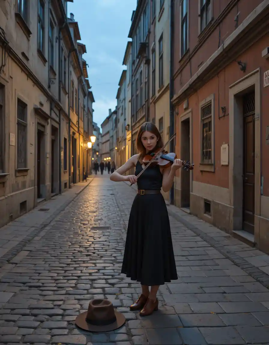 A young violinist plays on a historic cobblestone street at dusk