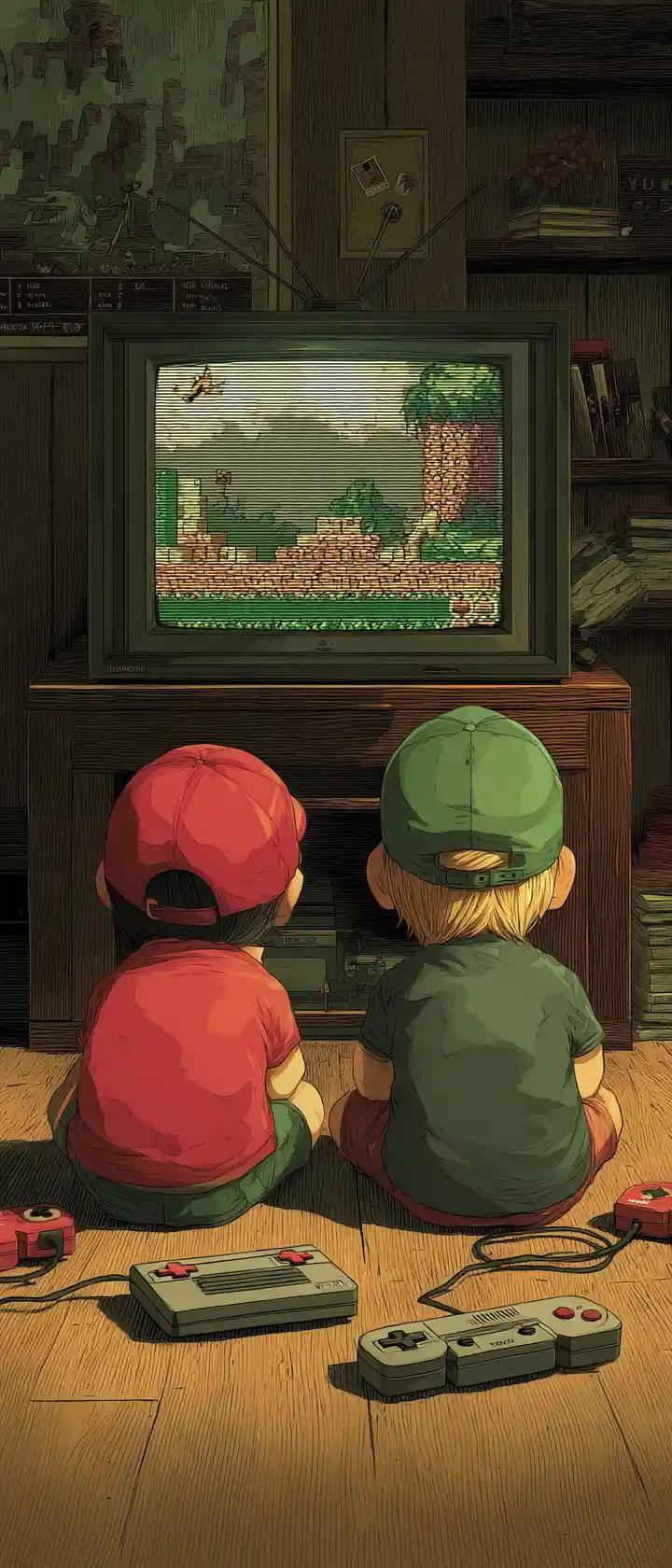 Dois meninos pequenos sentados no chão, de costas, a ver uma televisão CRT antiga
