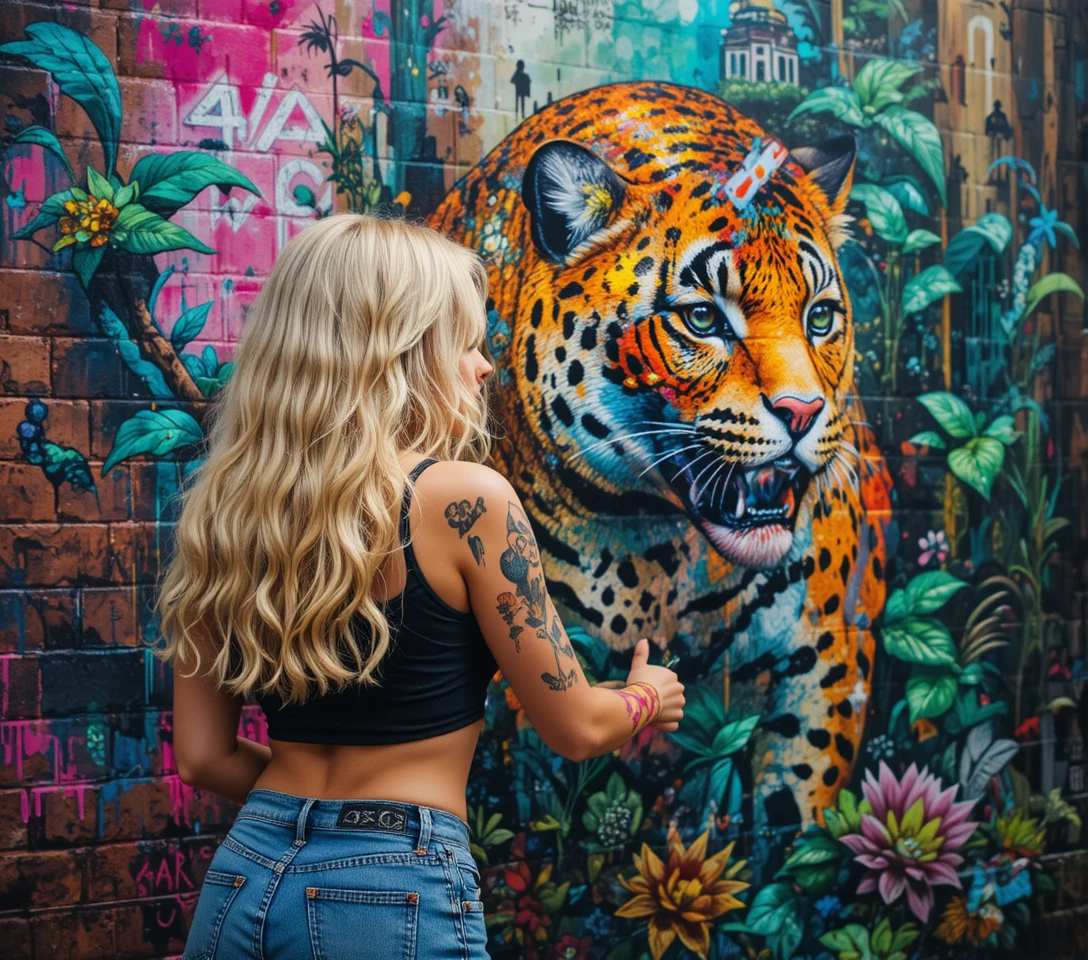 Artista de rua loira pinta um mural de um felino da floresta tropical em uma parede de tijolos