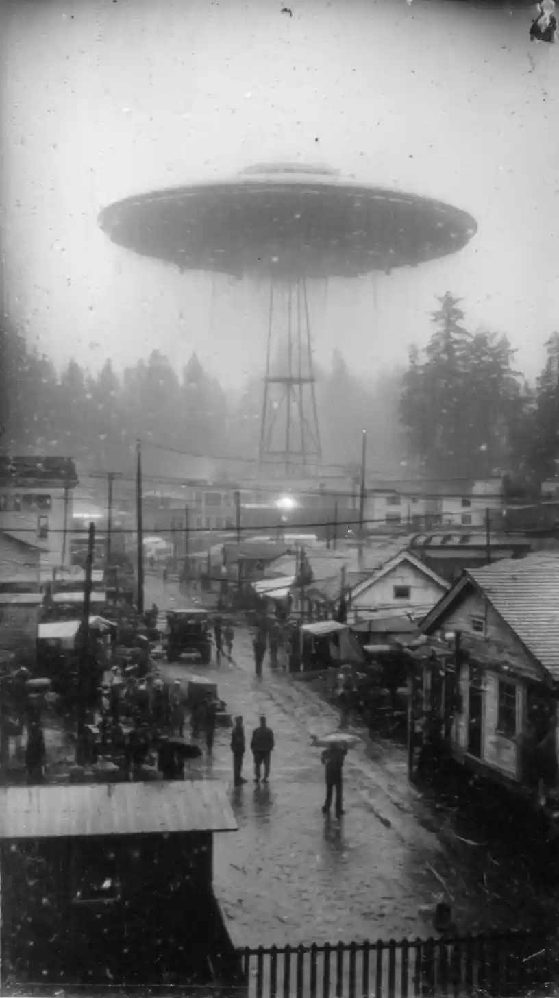 A disc-shaped craft rests on a military base in heavy rain