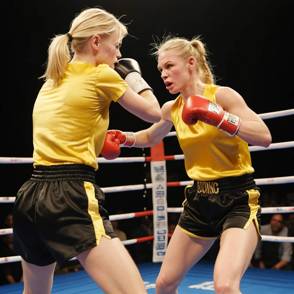 Un combate de boxeo femenino muestra un golpe directo al abdomen de la boxeadora rubia