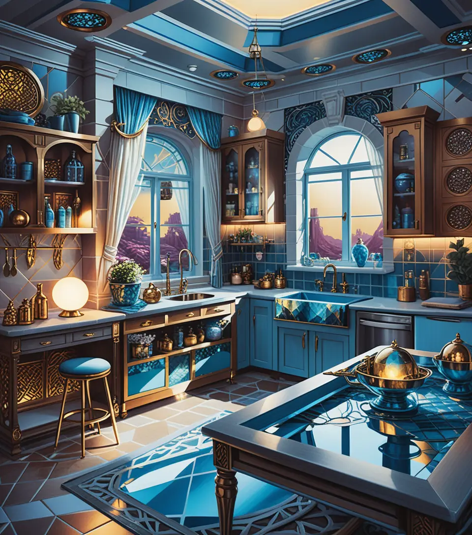 Uma cozinha de jantar em miniatura de dois andares com bar com pia e elemento aquático interior