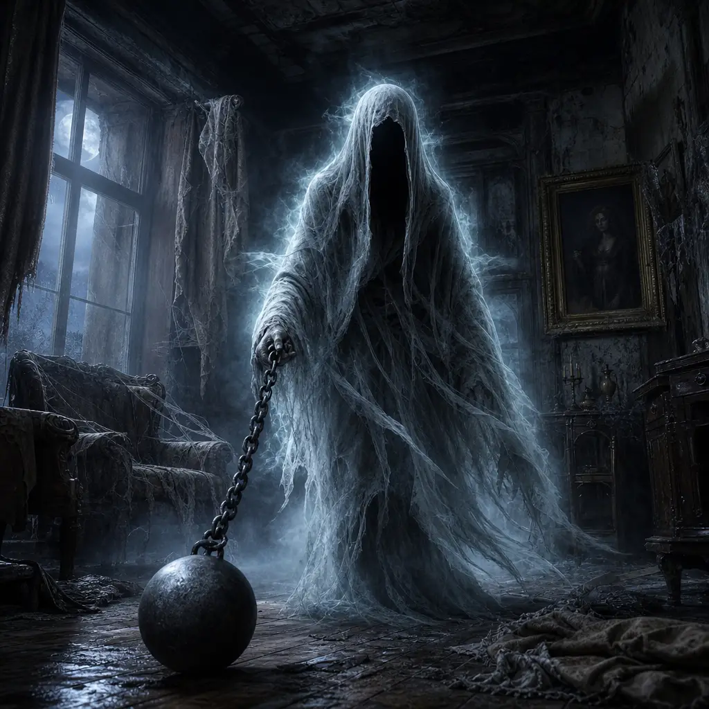 Um fantasma aterrorizante arrasta uma bola de ferro por uma mansão medieval envolta em neblina