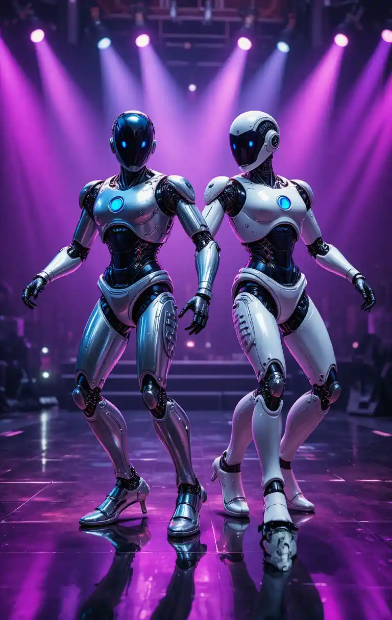 Two humanoid robots dance on a performance stage