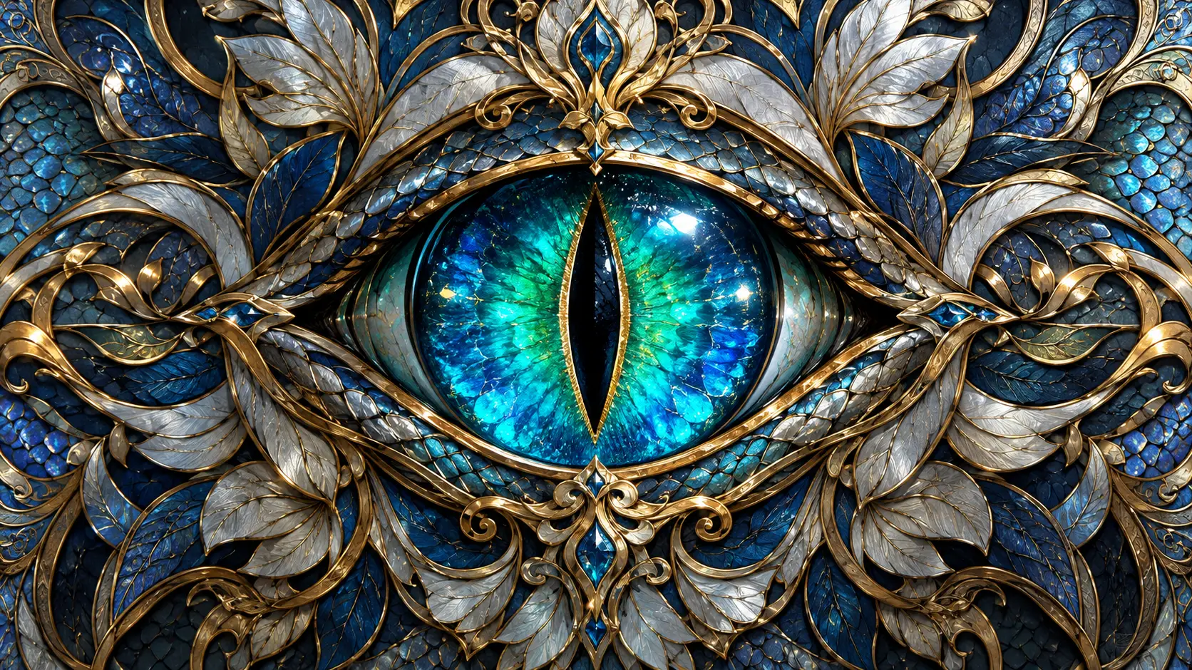 Um olho de dragão brilha no interior de uma mandala ornamental simétrica