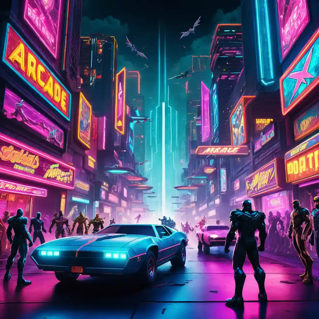 Anjos de arcade enfrentam criaturas sombrias em uma cidade neon retrofuturista
