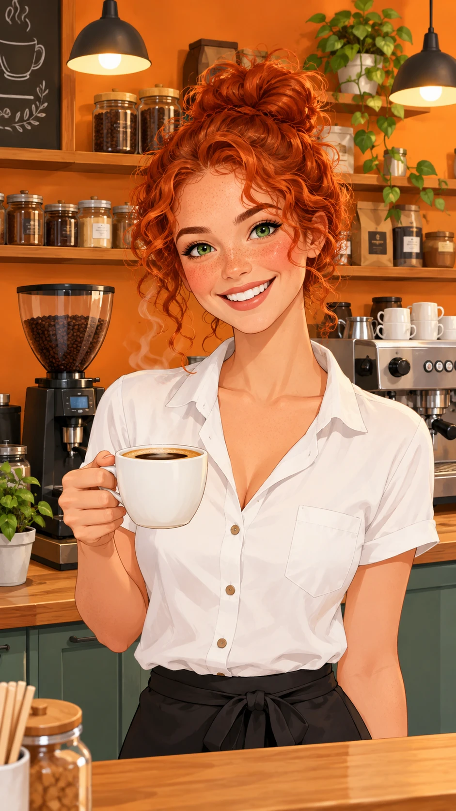 Uma jovem alegre segura uma xícara fumegante na aconchegante cozinha de um café em estilo cartoon